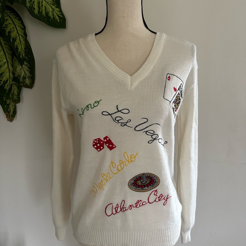 Women's White “Lucky Charm” Casino Embroidered Sweater